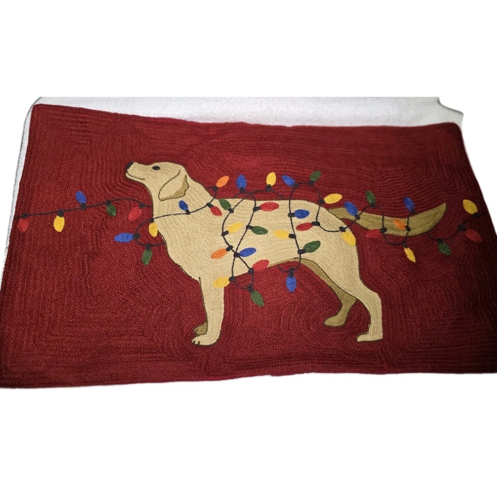 Pottery Barn Crewel Embroidered Dog With Lights Labrador Lumbar Pillow Cover